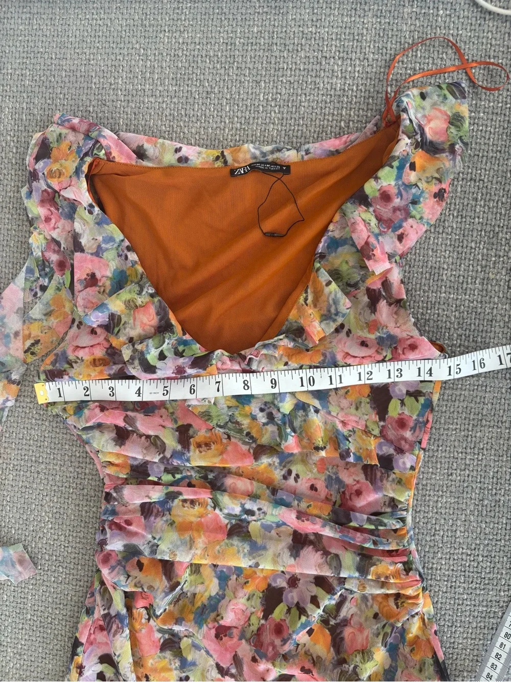 Zara Floral Ruched Asymmetrical Mini Dress Size Medium - Picture 8 of 9